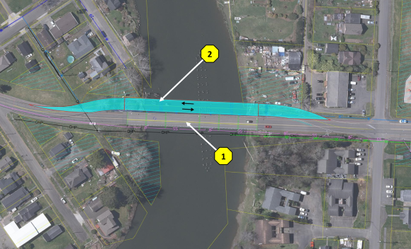 Posible alternativa para el puente de North Aberdeen que rehabilita el puente actual con un desvío del tráfico a un puente provisional junto al puente actual durante la construcción.