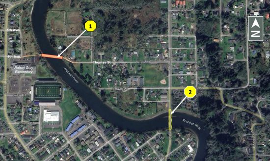 Potential North Aberdeen Bridge alternative that involves building a new bridge, with approaches at 4th Avenue and Thomas Street, while retaining the existing bridge for pedestrian and bicyclist use only.