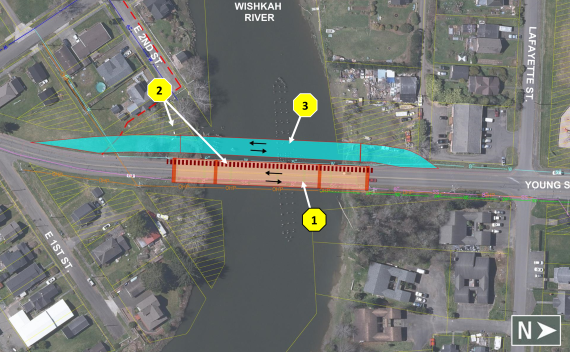 Potential North Aberdeen Bridge alternative that involves building a new bridge in the existing bridge's style while retaining parts of the existing bridge to be repurposed into the Kurt Cobain Memorial Park. Traffic would be detoured onto a temporary bridge during construction.