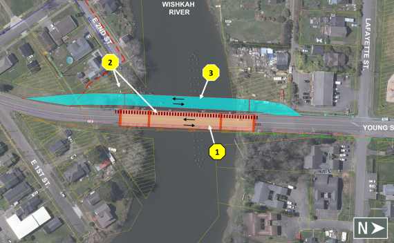 Posible alternativa para el puente de North Aberdeen, que implica la construcción de un nuevo puente del mismo estilo que el actual y la conservación de partes del puente actual para reutilizarlas en el Kurt Cobain Memorial Park. El tráfico se desviaría por un puente provisional durante las obras de construcción.