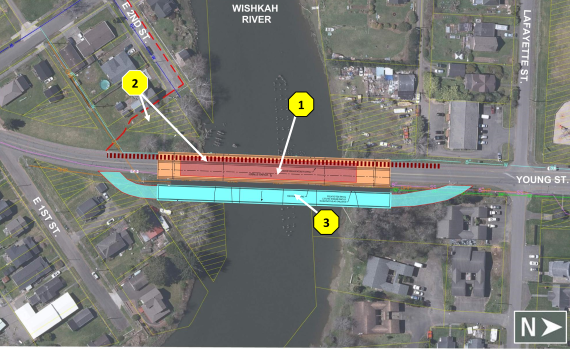 Potential North Aberdeen Bridge alternative that involves building a new bridge with a modern appearance while retaining parts of the existing bridge to be repurposed into the Kurt Cobain Memorial Park. Traffic would be detoured onto a temporary bridge during construction.