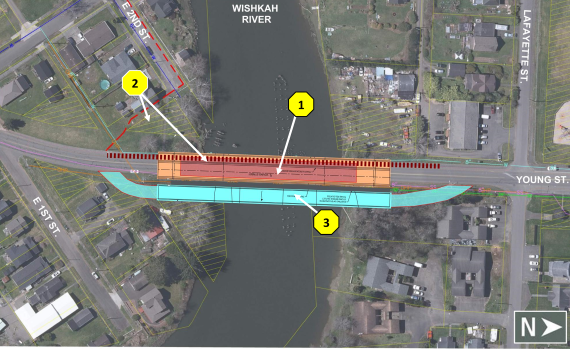 Posible alternativa para el puente de North Aberdeen, que implica la construcción de un nuevo puente de aspecto moderno y la conservación de partes del puente actual para reutilizarlas en el Kurt Cobain Memorial Park. El tráfico se desviaría por un puente provisional durante las obras de construcción.